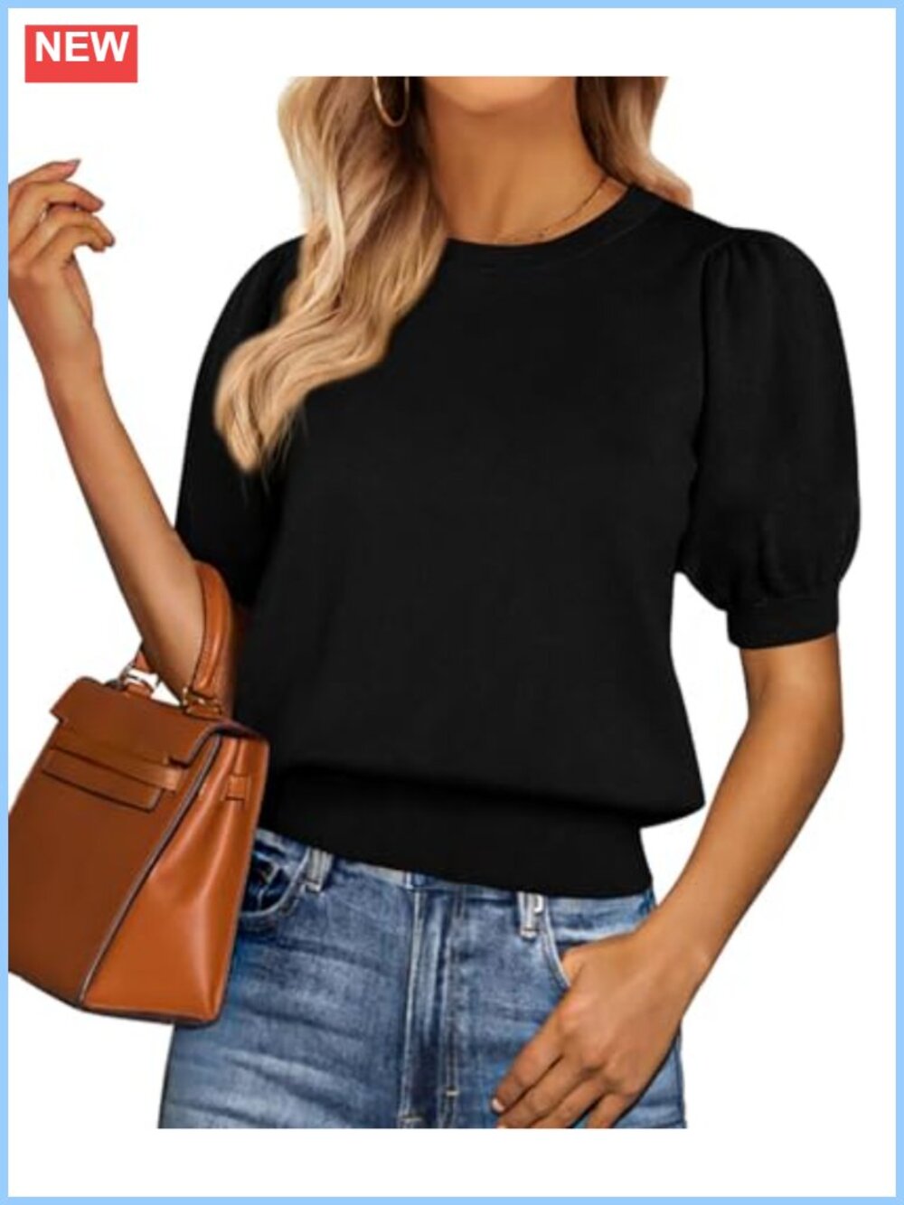 PRETTYGARDEN Women's Puff Short Sleeve Sweater, Soft Knit Crewneck Loose Fit